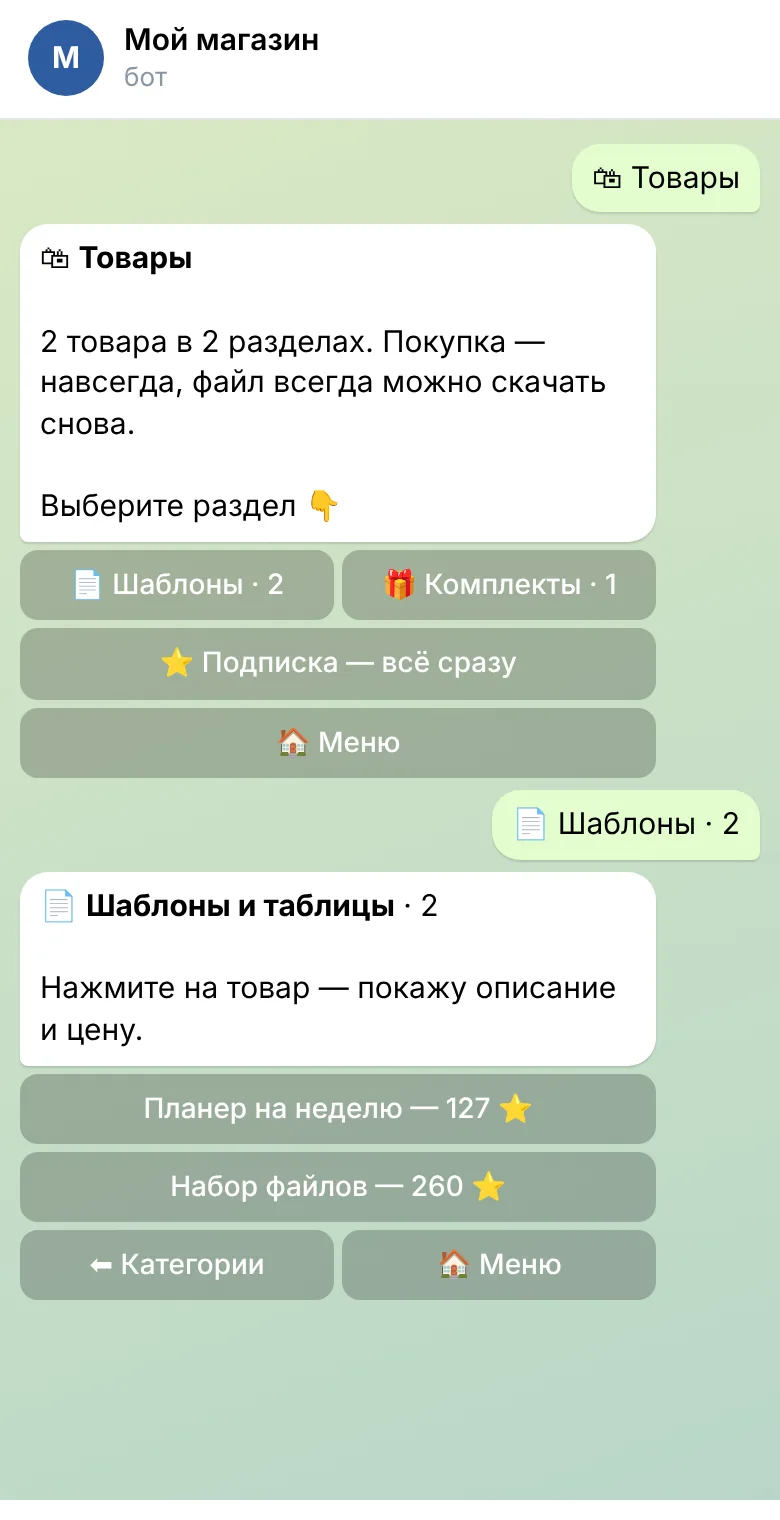 Разделы каталога и список товаров с ценами